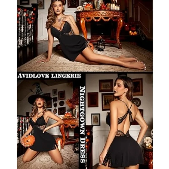 Nightie Lingerie Lace Chemise Sleepwear Babydoll Teddy Nighty Dull Black - Picture 4 of 7